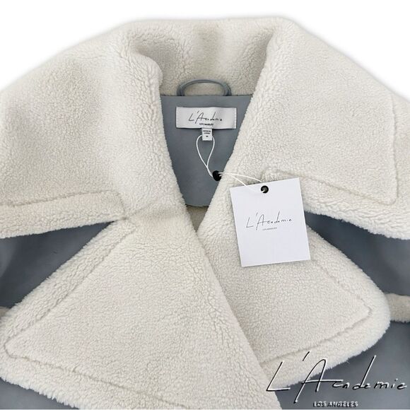 L'Academie **NWT** Elijah Leather Shearling Jacket in Powder Blue Grey (Revolve) - Picture 6 of 8